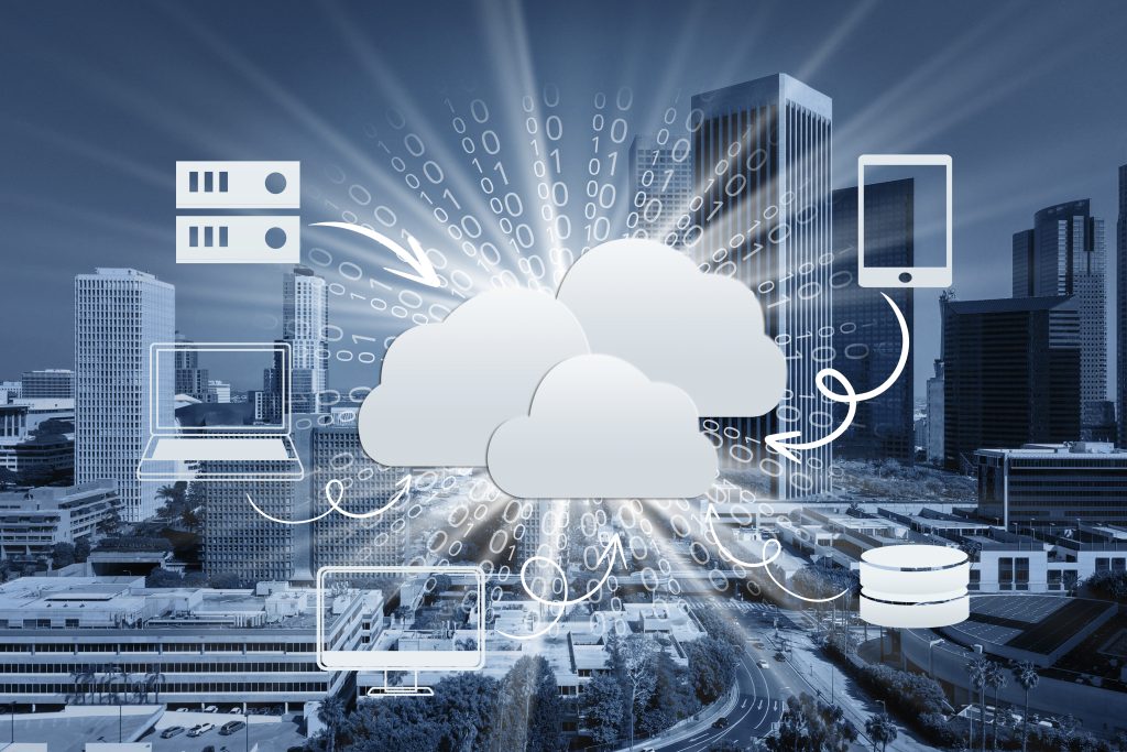 Cloud computing concept with devices and servers connected to a central cloud over a cityscape.