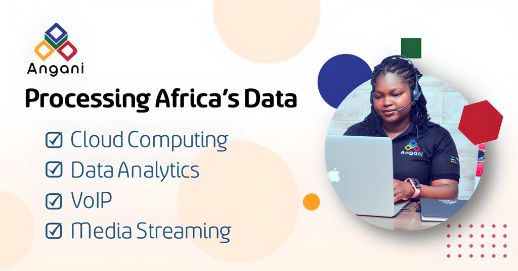 Woman working on a laptop with the text "Processing Africa's Data" and services listed: Cloud Computing, Data Analytics, VoIP, and Media Streaming.