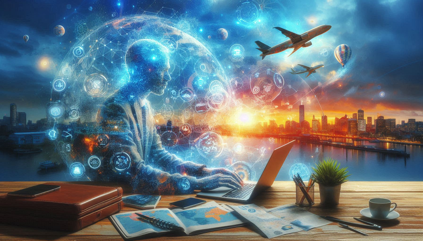 Person using a laptop with travel icons, planes, and city skyline, showing technology’s role in tourism.