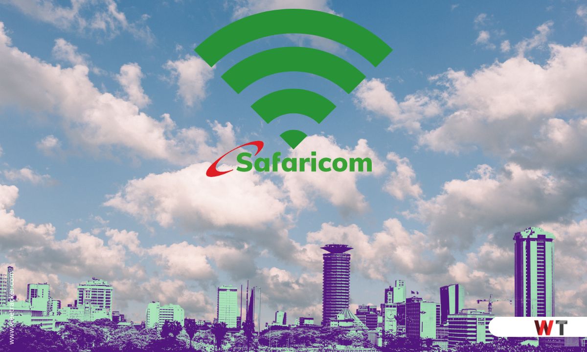 Safaricom logo with a Wi-Fi symbol over Nairobi city skyline.