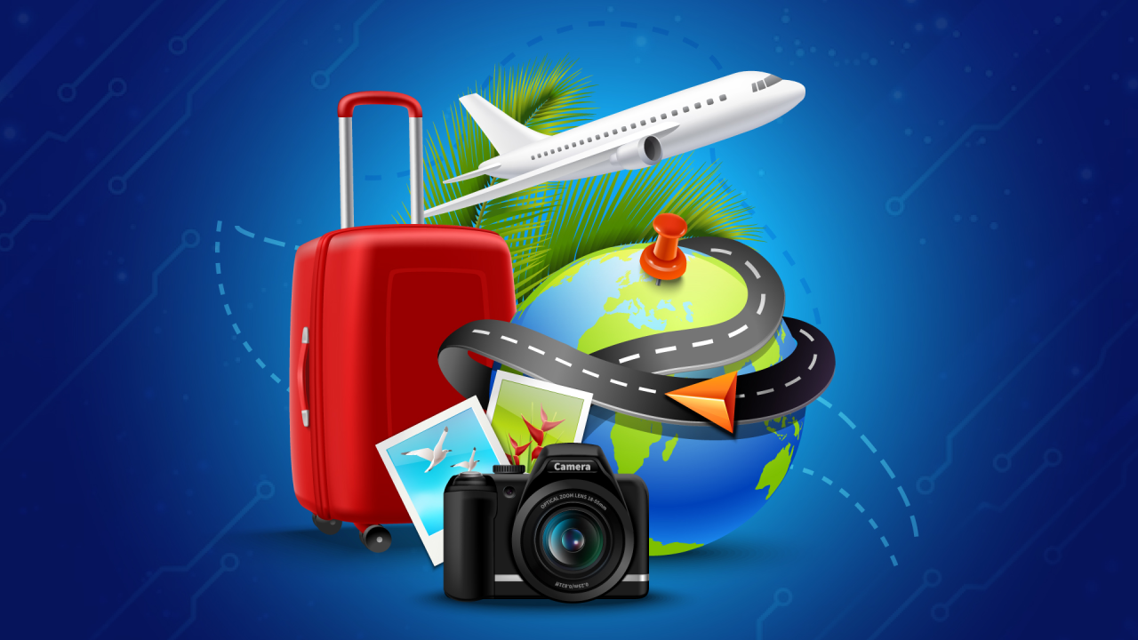 Travel-themed graphic with a suitcase, airplane, camera, globe, and tropical elements.