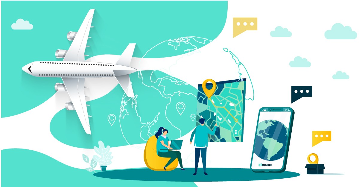 Illustration of travel planning with a plane, world map, smartphone, and people exploring destinations.