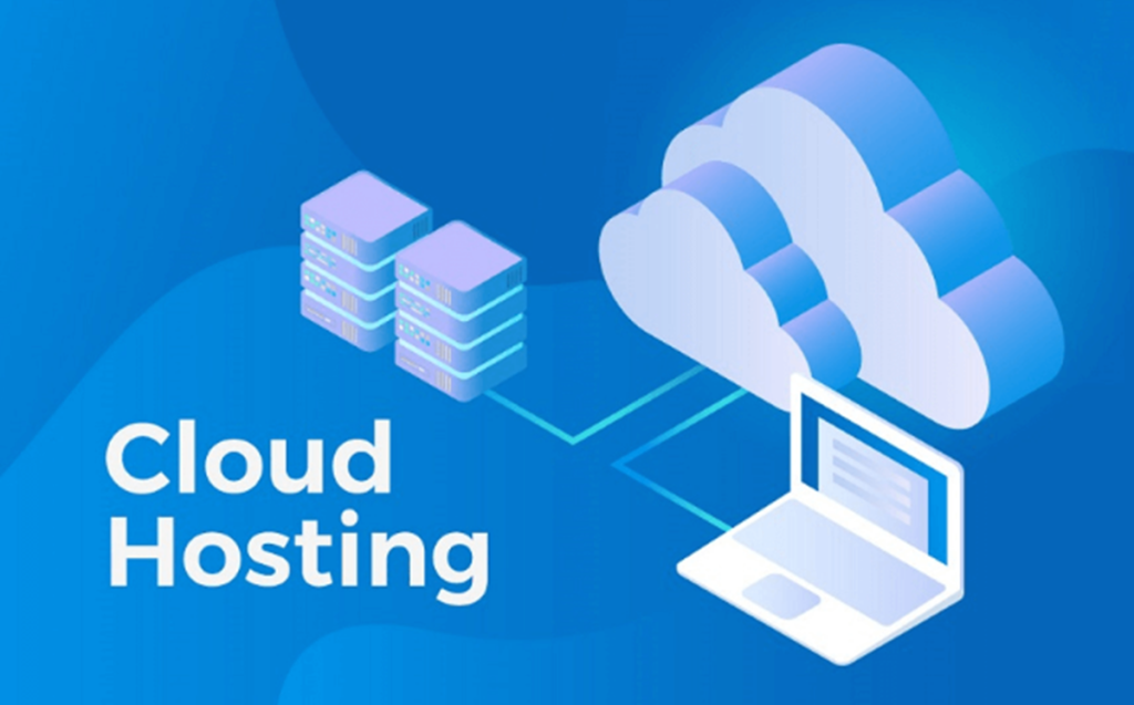 Illustration of cloud hosting with a laptop connected to a cloud and servers.